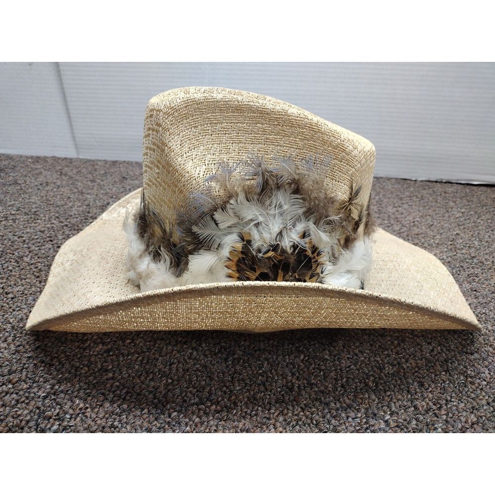 Vintage Texas Style Comanche Straw Cowboy Hat with Feathers USA 6 7/8 MX 55 80's - Picture 2 of 12